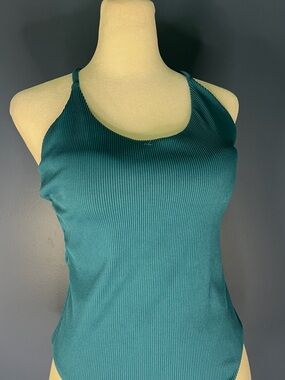 Zaful Ribbed Teal One-Piece Swimsuit, sz S, high cut legs, crisscross strap back
